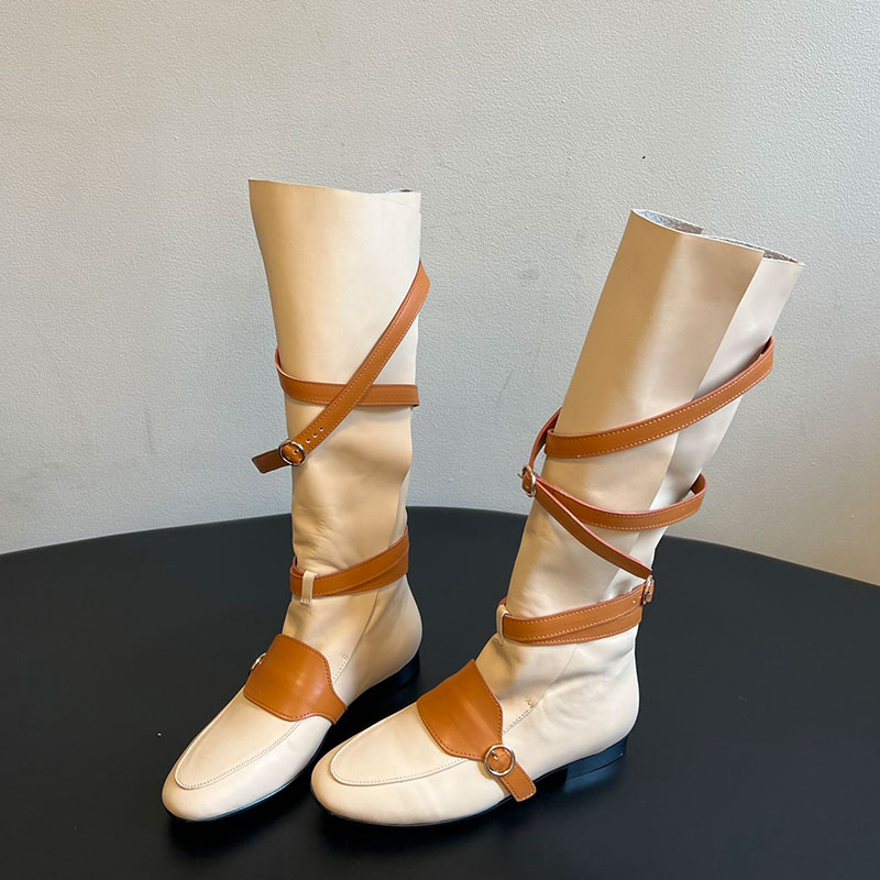 Ladies Leather Boots Womens Strap Around Knee Boot Designer Flat Adjustable Knight Boots Color Blocking Fashion Boot Sheepskin Lining Rubber Sole Si