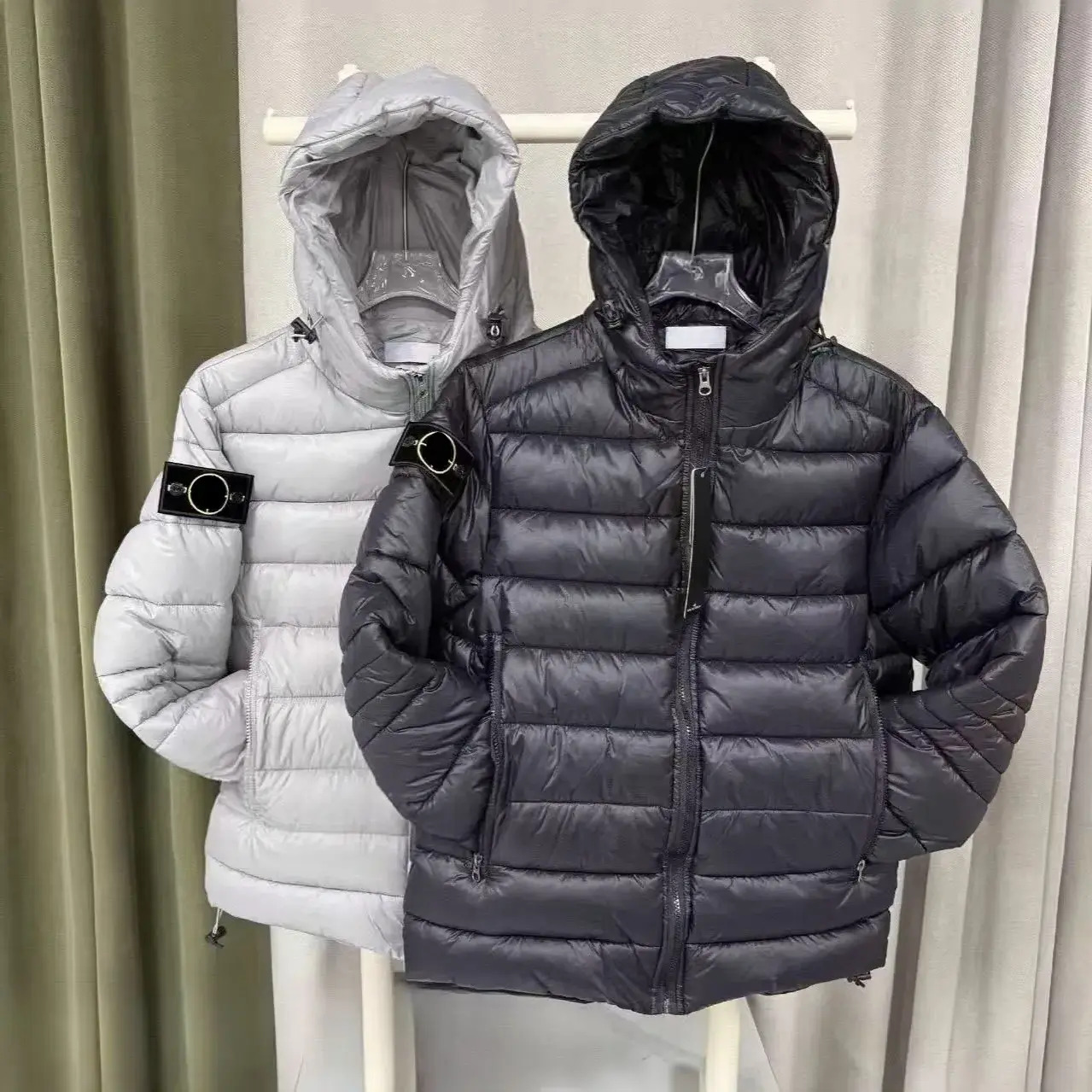Men Down Jacket 2026 Embroidered Patch With puffer Hood Solid Color For Daily Wear Shiny Finish Men's Style Lightweight Ribbed Ultra Slim Desig