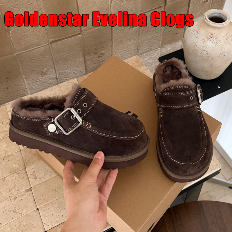 Designer Womens Goldenstar Evelina Clogs Tazz Tasman Slippers Chestnut Fur Slides Sheepskin Classic Ultra Mini Platform Boot Slip-on Suede Winter Bo