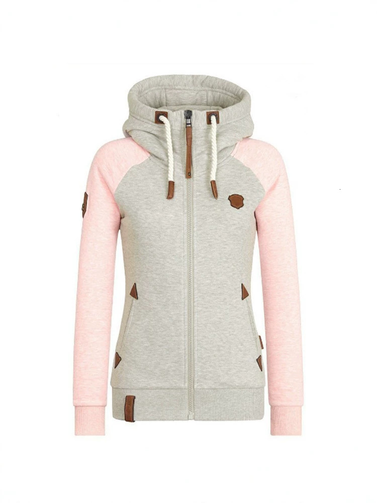 Autumn New Women Color Block Zip Up Hooded Sweatshirt Long Sleeve Leather Patch Decor Raglan Sleeve Casual Warm Versatile Jacket For Hiking Daily St