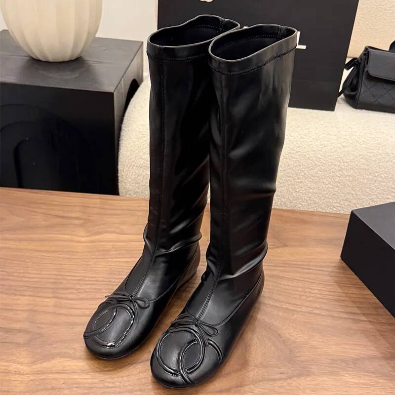 White Boot Designer Luxury Womens Brown Leather Ballerina Knee High Flat Round Toe Bow Lace Fashion Formal Footwear Quality Comfort Modern Stylish T