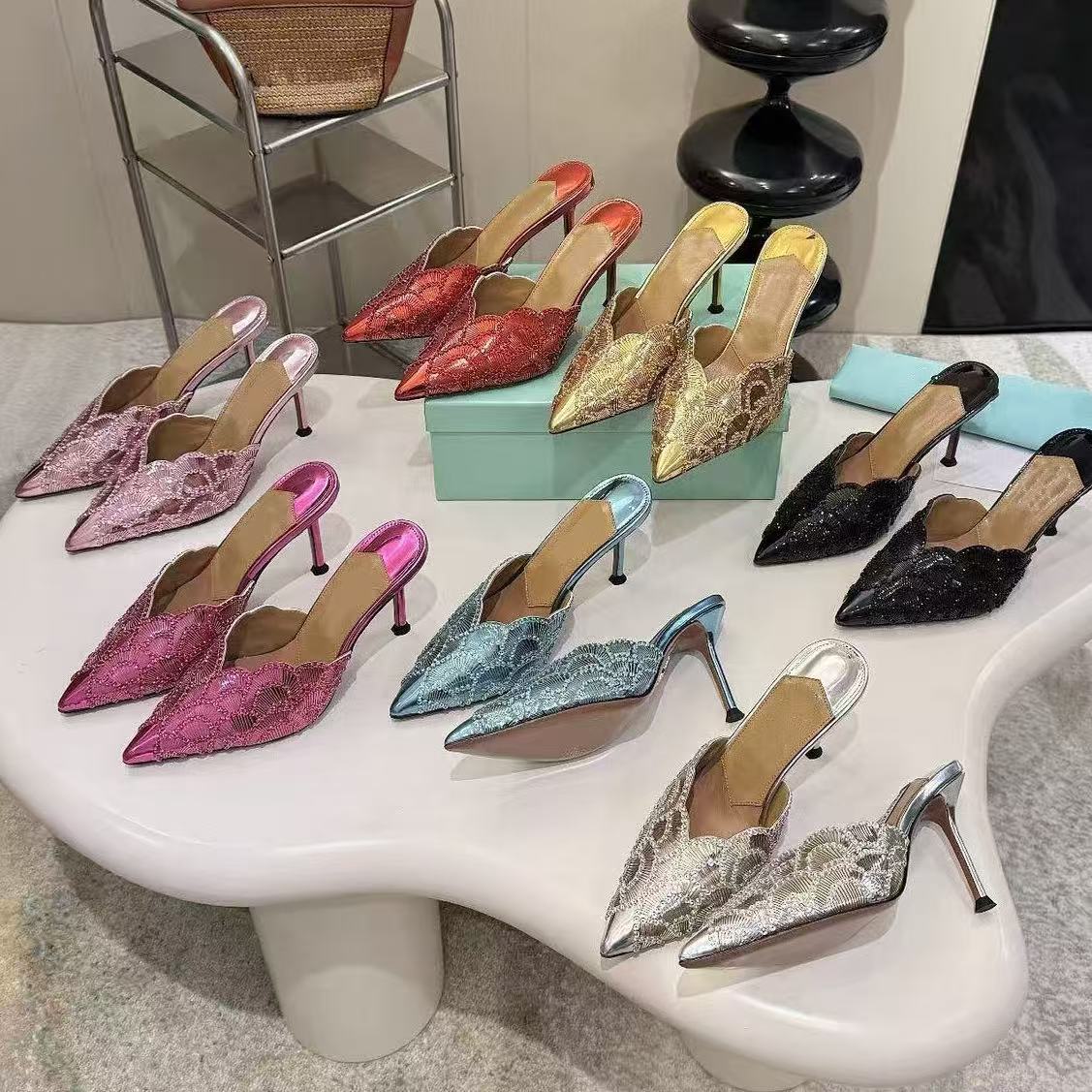 Women's Glitter Lace Mules Pointed Toe Stiletto Heels, Rhinestone Embellished Slip On Backless Sandals, Elegant Dress Heels for Banquet Dating