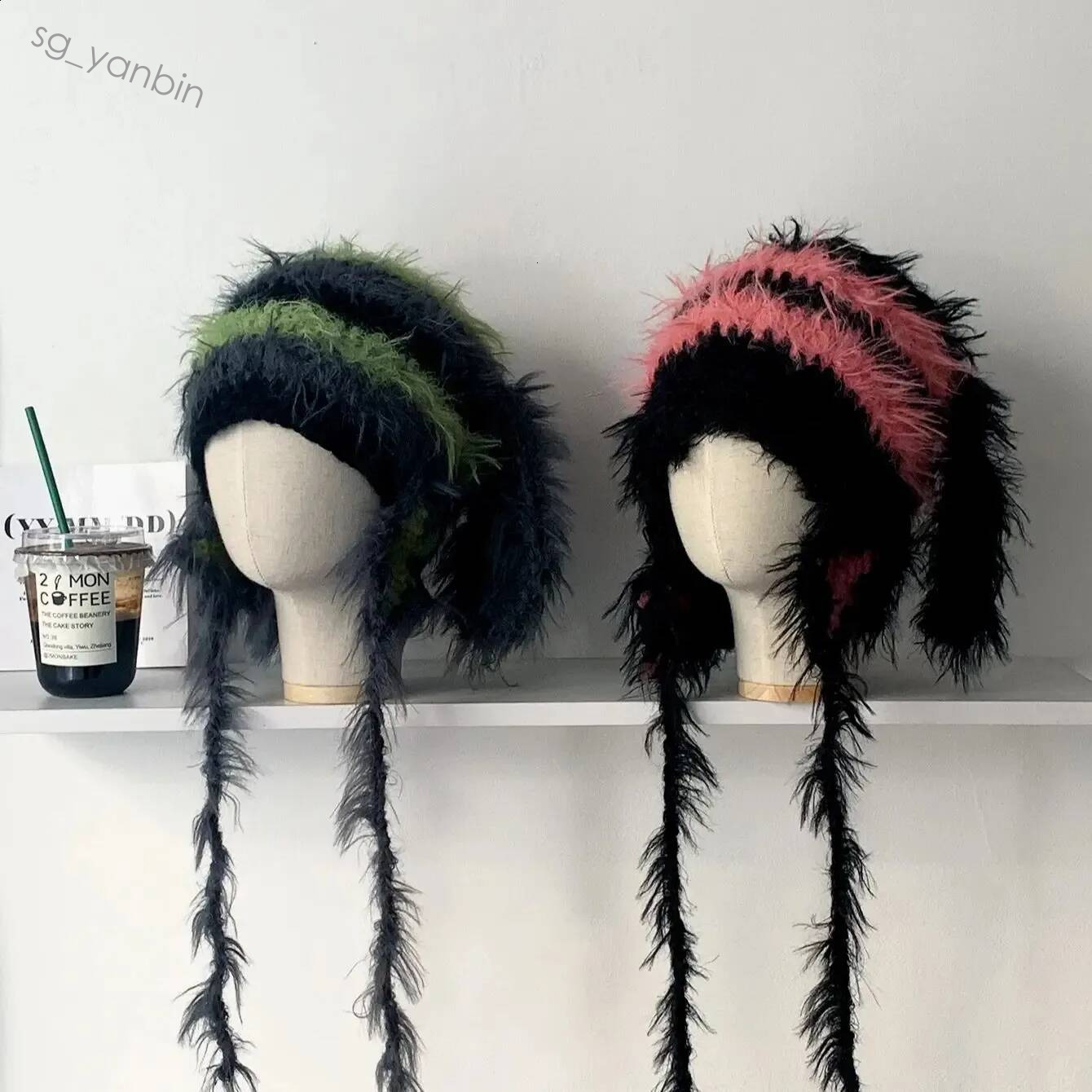 AnimalShaped Plush Knit for Women with Long Rabbit Ears ColorBlocked Striped Yarn Cute TieUp Headwrap Hat Trendy 250912 Hot