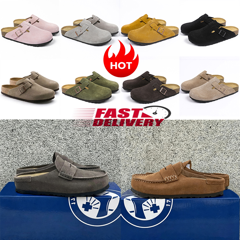 2026 Fashion Naples Slippers Fur Slides Boston Clog Cork Flat Winter Summer Bostonclogs Shoes Leather Slides Women Men Sand Yellow Pink Slippers Eur
