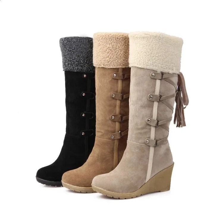 Women's High Boots Winter Fashion Laceup Tassel Long Women Platform Wedge Snow Warm Cotton Botas Mujer 260917
