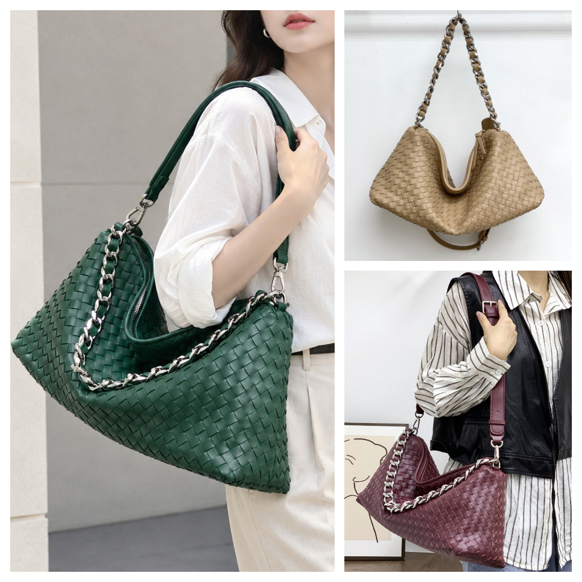 Women Large Capacity Fashion Hobo Bag Designer Woven Leather Handbag Large Slouchy Shoulder Bag Wide Strap Trendy Crossbody Bag Chain Tote Bag Ladie
