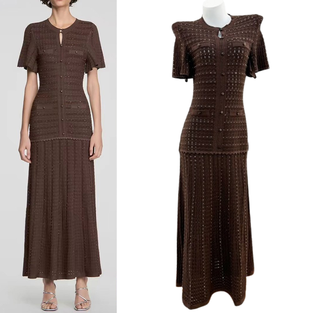 Sandro Women Knitted Maxi Dress 2026 Summer Rhinestone Hollow Out Short Sleeve Designer Elegant Long Dresses