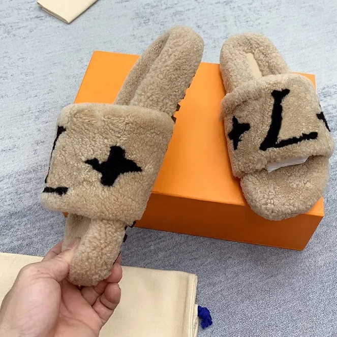 Luxury wool slippers Designer double letters fur sliders casual winter warm womens home fuzzy indoor flats slides