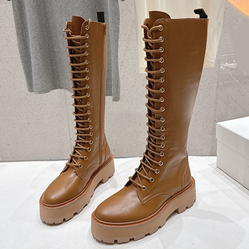 Designer Ladies High Top Genuine Leather Knee High Boots Refined Round Head Lace Knee Boots Thick Anti Slip Suitable Autumn Winter Outfit