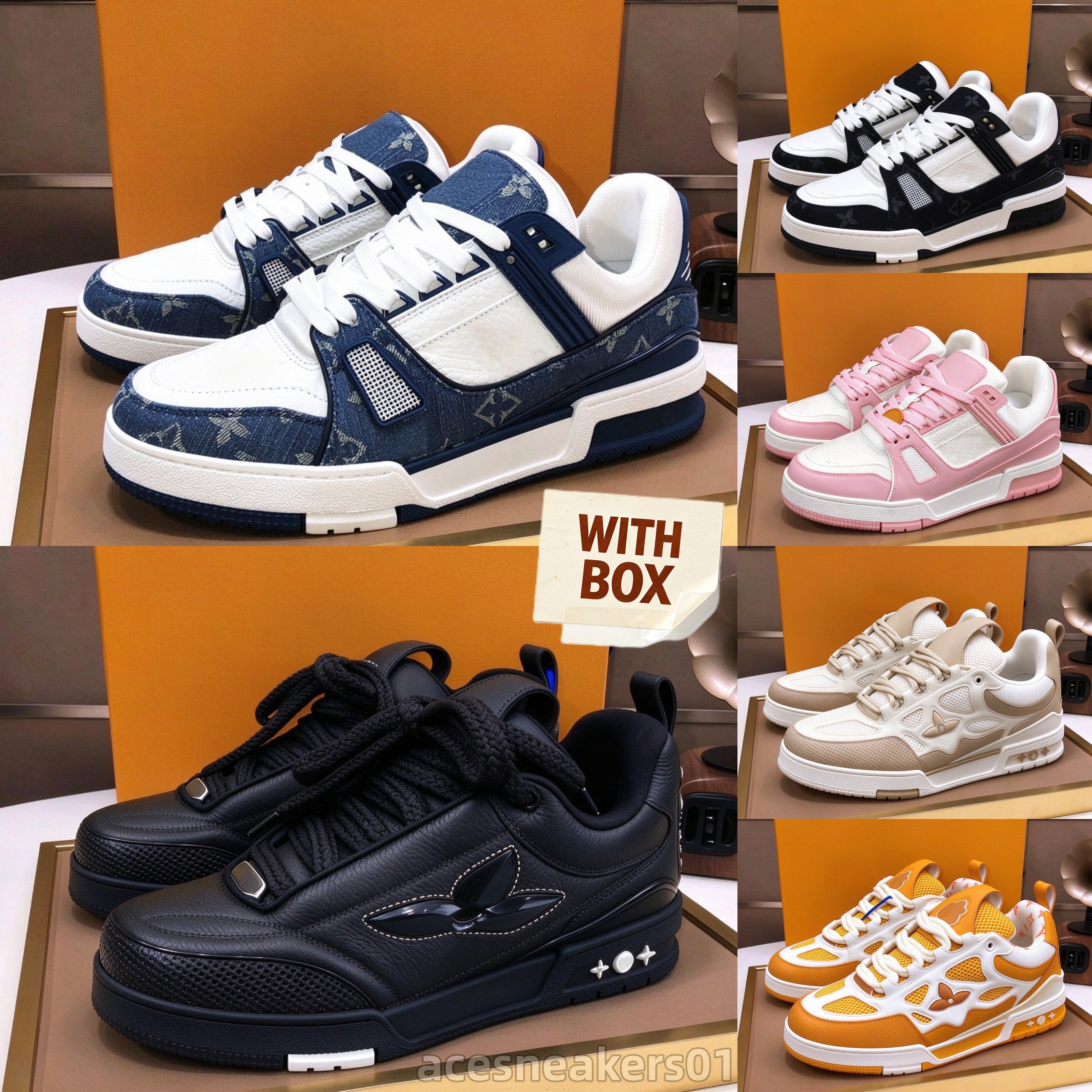 Mens Trainers Vintage Casual Skates Sneaker Cowhide Upper Breathable Insole Non Slip Rubber Outsole Fashion Low Top Sports Womens Trainers With Box