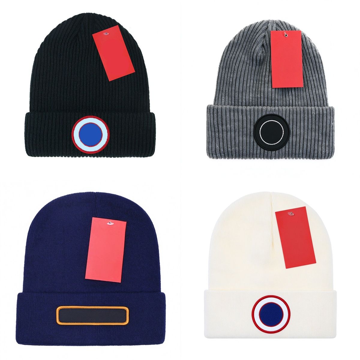 Designer Beanie Skull Cap Ribbed Knit Winter Hat With Circular Patch Logo Beanies For Men Casual Outdoor Daily Wear Black Grey Bonnet Homme