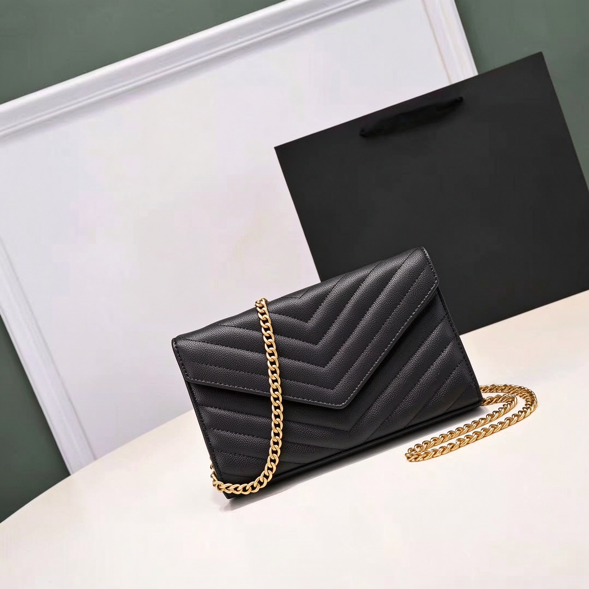 Designer Shoulder Quilted Grain Envelope Woc Mini Bag Women Luxury Flap Sheepskin Wallet Crossbody Purse Detachable Metal Chain Multi Card Slot Coin