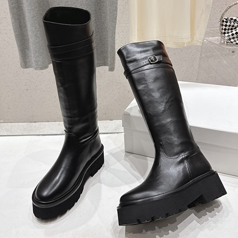 Lady Fashion High Top Knee Length Knight Boots Smooth Leather Round Head Boot Thick Sole Collocation Adjustable Belt Foot Binding Motorcycle Boots
