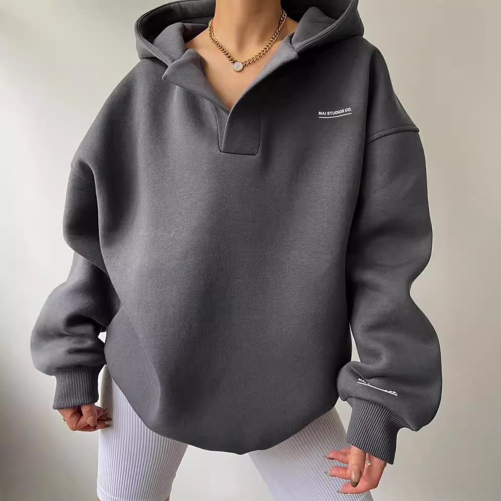 2026 Autumn Winter Women Half Zip V Neck Hooded Sweatshirt Long Sleeve Fleece Lined Soft Loose Oversized Printed Casual Pullover Top For Outdoor Dai
