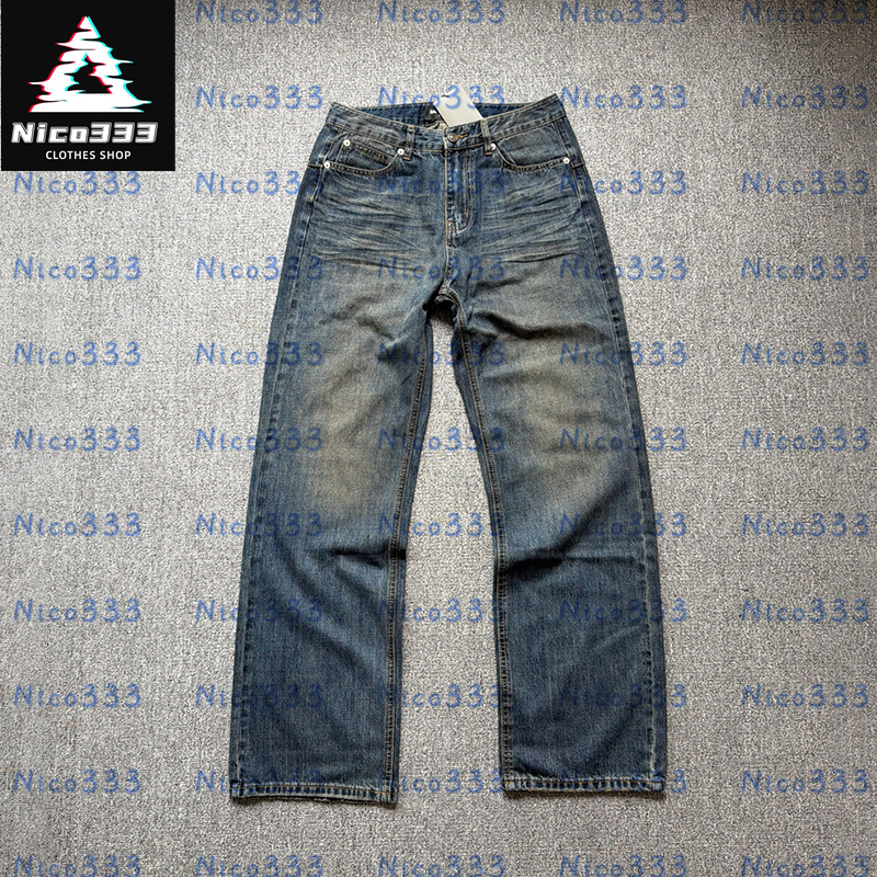 BA Garde robe washed solid color rippled old blue straight mid low waist heavy wash with tags versatile street men women luxury straight jeans