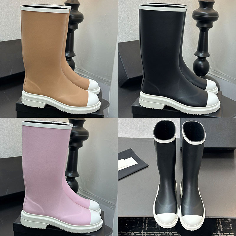 Luxury High Boot Women Designer Contrasting Toe Straight Rain Boots Thick Durable Flat Boots Fashion Street Travel Rainproof Anti Skid Water Shoes