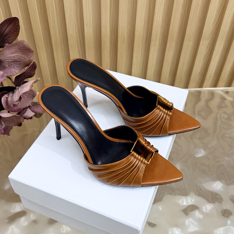 9.5cm Light Luxury Style Metal Label Leather Wrinkled Pointed High Heels One Line Cool Dragging Large Female Lead Banquet Set Sandals Internet Red E