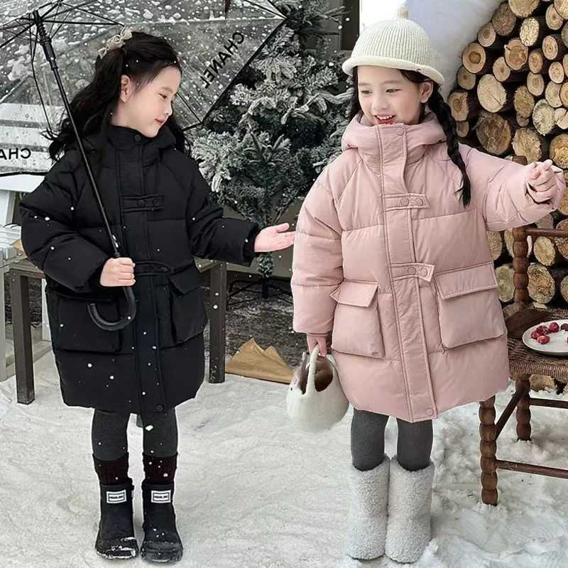 Down Coat Girls Winter Warm Jackets Kids Thickened Cotton Coats Children Mid-Length Down Outerwear Toddler Fashion Hooded Parkas 3-12Y Q2610041