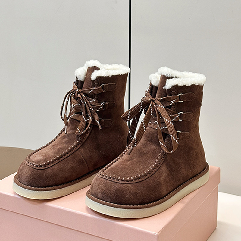 Autumn Winter Designer Womans Suede Boots Modern Cow Suede Sports Lace Up Shoe Uppers Short Boots Womens Outdoor Warm Snow Boots