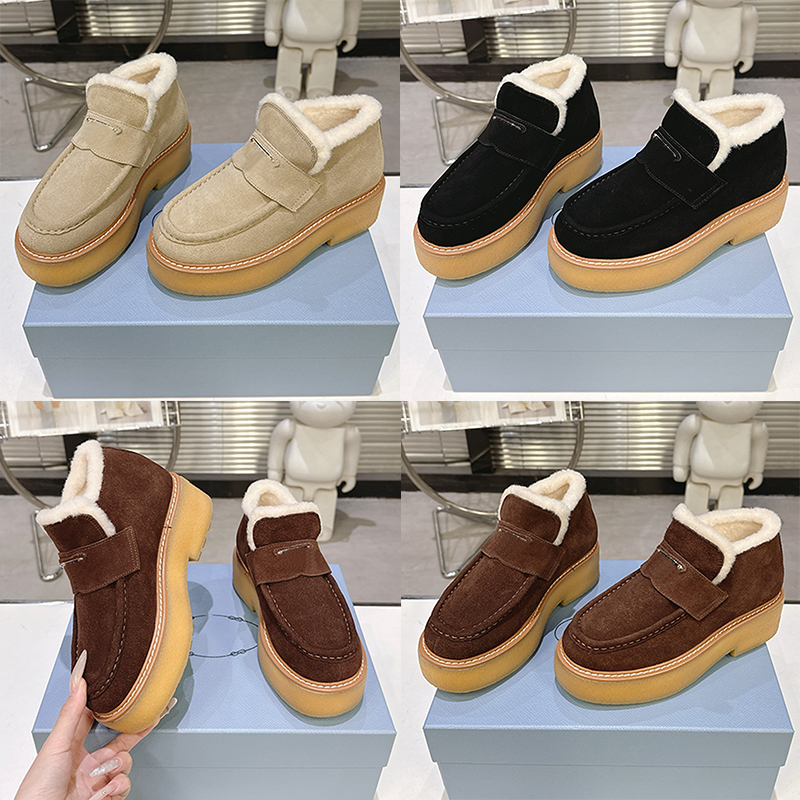 Womens Shearling Lining Suede Loafers Booties Luxury Leather Band Ladies Round Toe Snow Boots 1D594O Designer Enameled Metal Logo Monoblock Rubber S