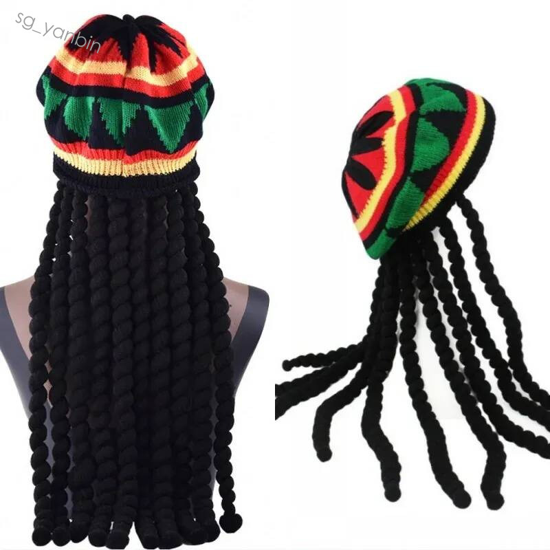 Chapeau tressé en tricot unisexe, bonnet Rasta jamaïcain, casquette Hip Hop pour hommes, Dreadlocks, perruque Bob caraïbes, déguisement fantaisie