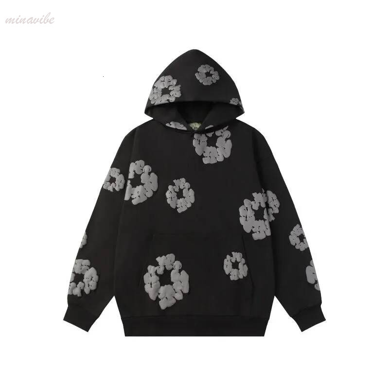 Denim Hoodies Designer Sweatshirts Kapok Flower Puffs Sweater Youth Style Cotton Wreath Foam Print Graphic Trend Brand American Street Wear Tearsswe