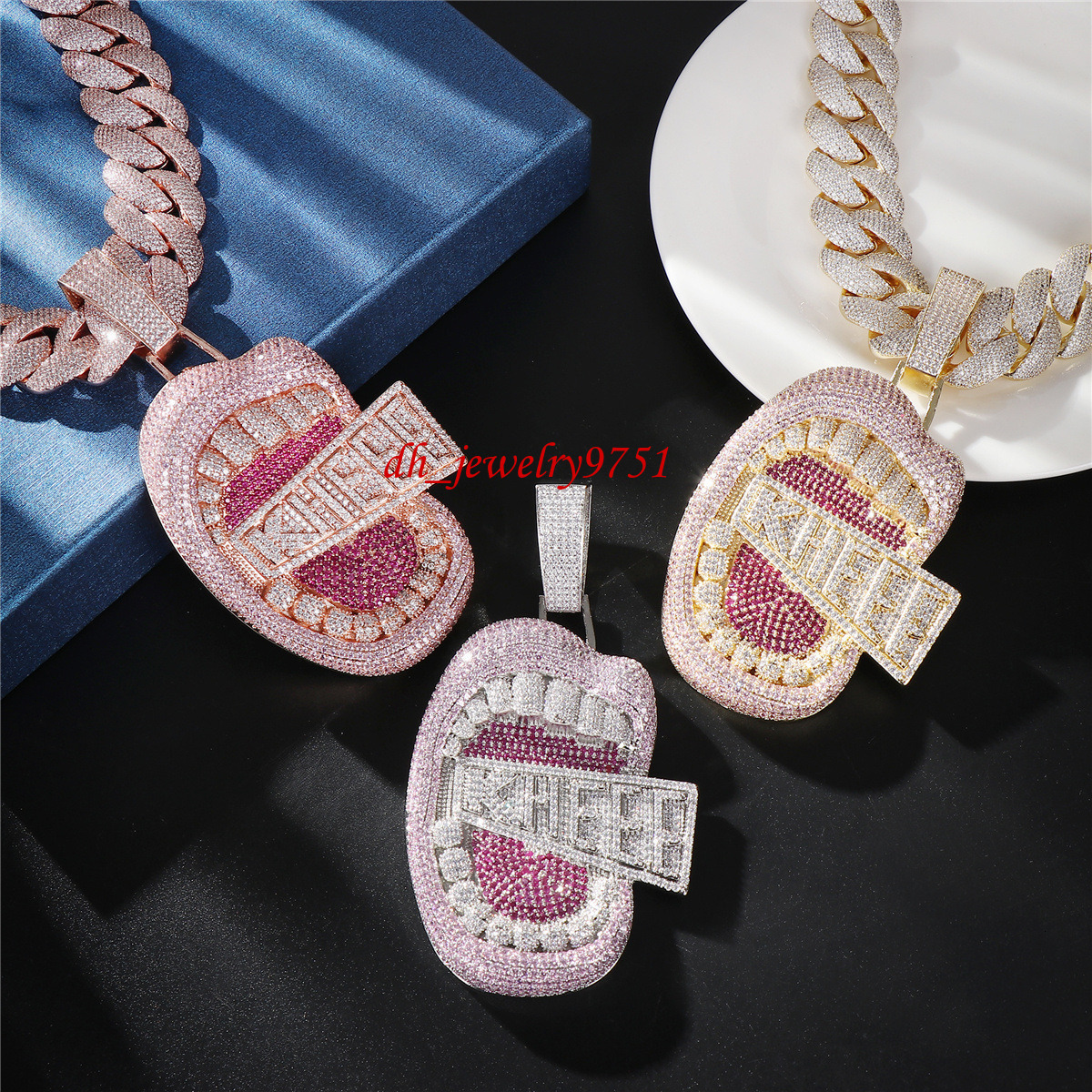 2026 Personality Colorful Diamond Sexy Lip-biting Fashion Creative Pendant Necklace Hip Hop Cuban Chain Accessories Moissanite Diamond Necklace