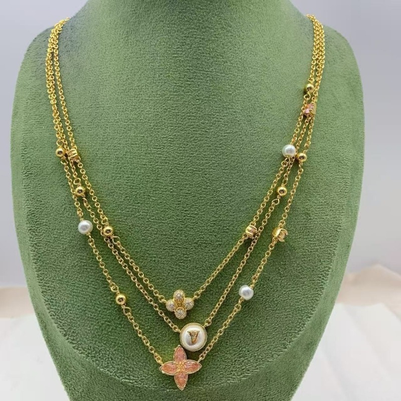 Collier superposé de luxe de créateur pour femmes, plaqué or 18 carats, pendentif fleur, perle CZ, empilable, élégant, pour dames, vêtements de f