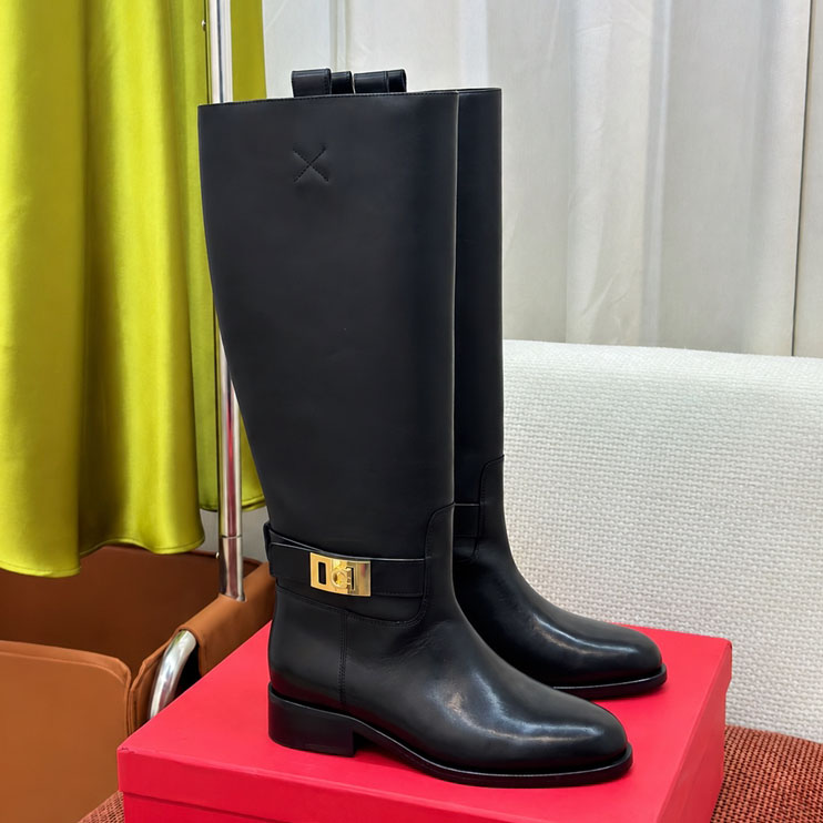 Designer Women Round Toe Knee High Riding Boots, Black Cow Leather Gold Buckle Tall Boots, Flat Heel Equestrian Boots for Autumn Winter Wear