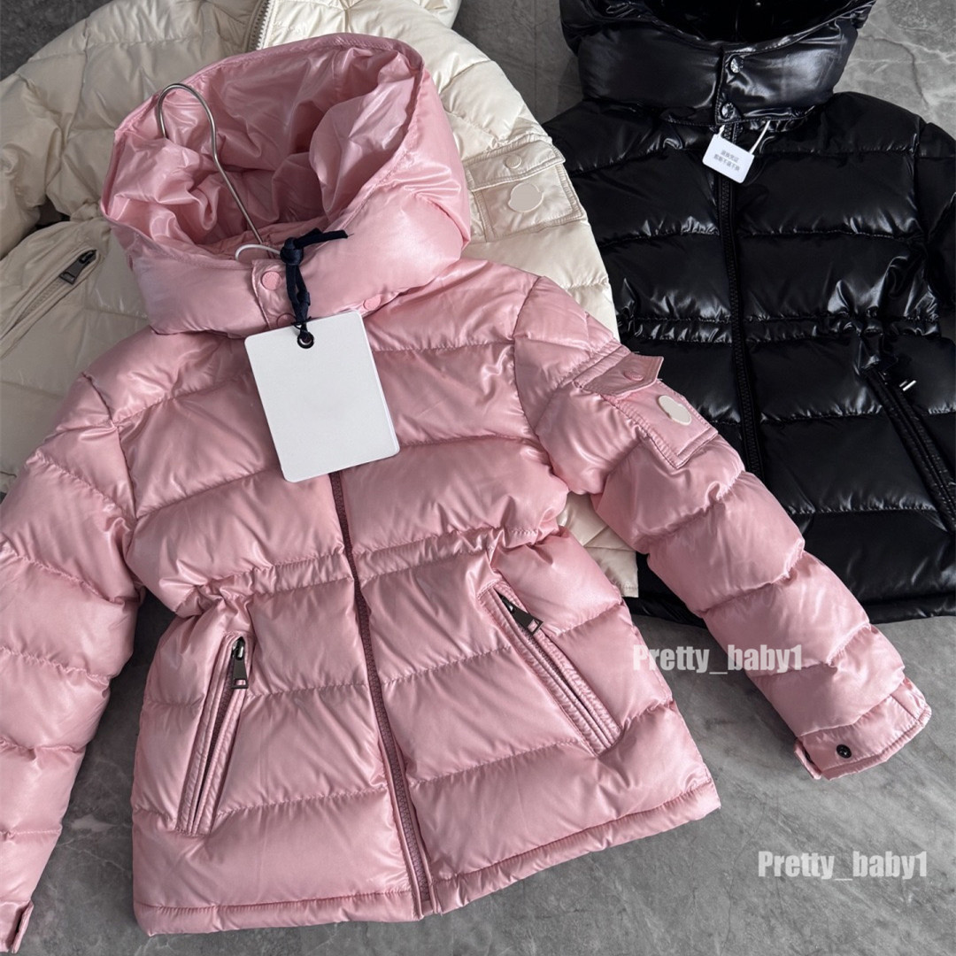 Kids Luxury Designer Girls Down Coat Drawstring Waist Winter Warm Boys Zipper Hooded Jacket White Goose Down Girls Clothes Children Clothing