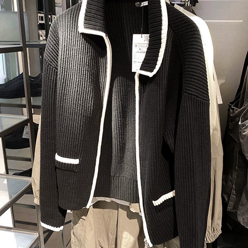 Designer Hommes Noir Automne Hiver Manteau Tricot Cardigan Zip Up Col Revers Slim Fit Contraste Couleur À Manches Longues Épais Pull Occasionnel