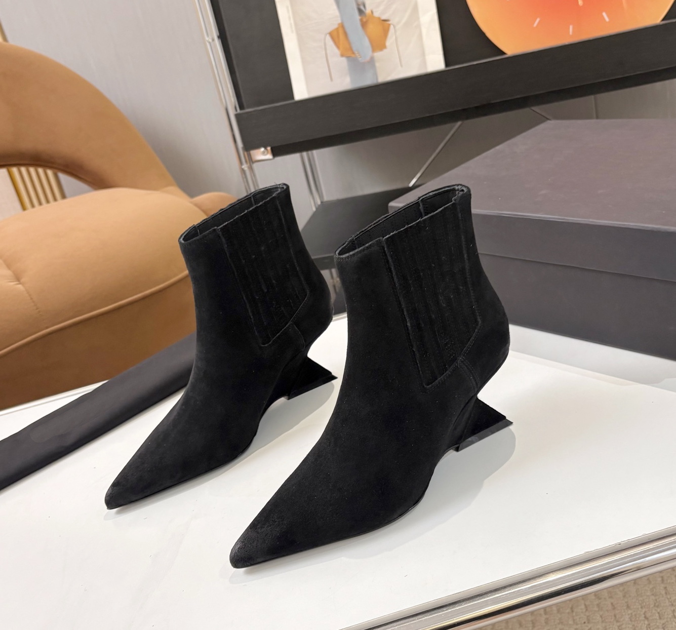 wedge boot woman designer point toe matte leather ankle work office city luxury comfortable brown black vintage retro casual street modern fashion p