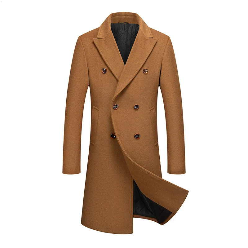 Men Office Daily Business Jackets Autumn Winter Long Double Breasted Knee Length Wool Blend Overcoat Male Warm Plush 260929