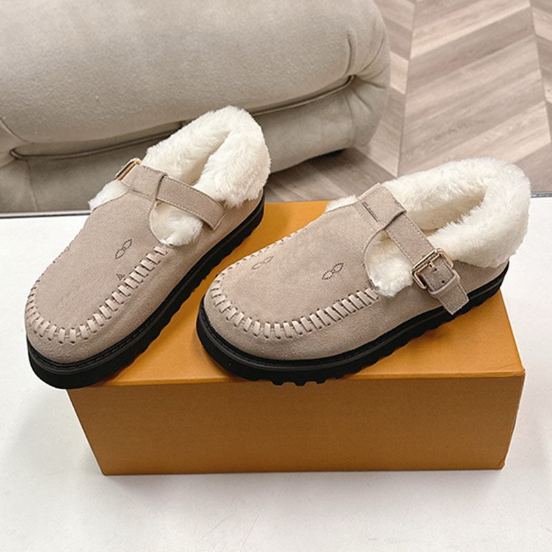 mule woman designer matte sheepskin wool buckle strap round toe wide thick sole home indoor luxury comfortable beige khaki brown gold retro casual f