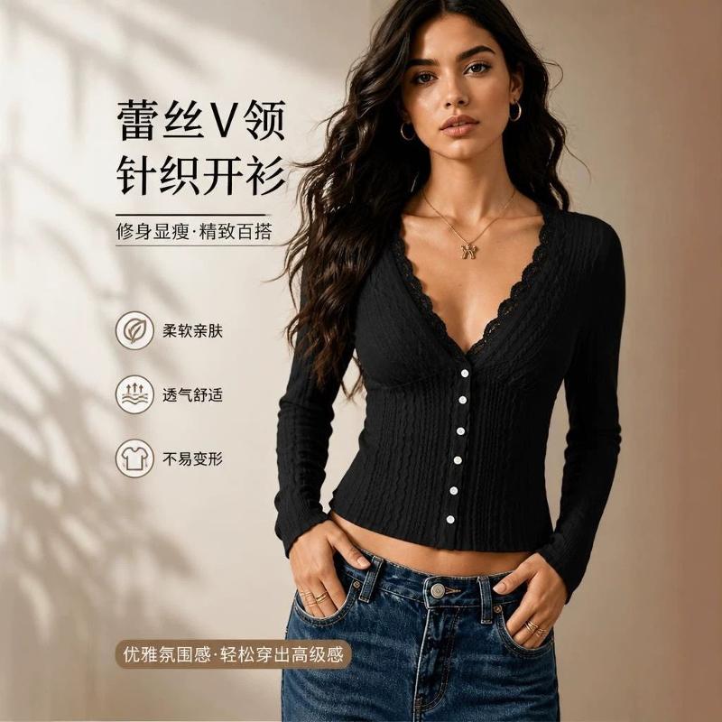 Designer Women's V Neck Lace Trim Long Sleeve T Shirt Slim Fit Solid Elegant Blouse Top for Daily Work Commute Fall Winter
