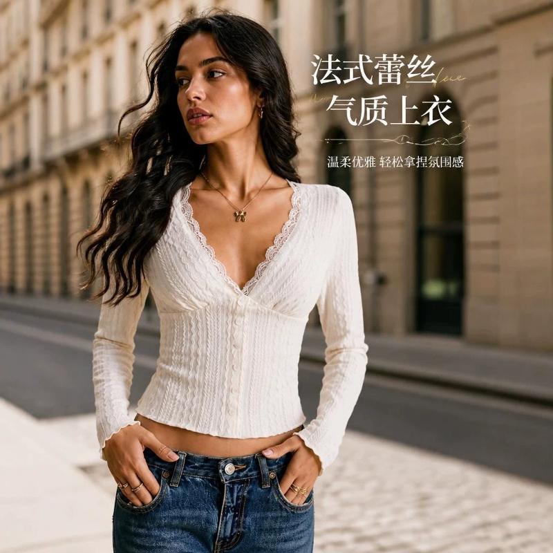 Designer Bestseller Women's V Neck Lace Trim Long Sleeve T Shirt Slim Fit Solid Elegant Blouse Top for Daily Work Commute Fall Winter
