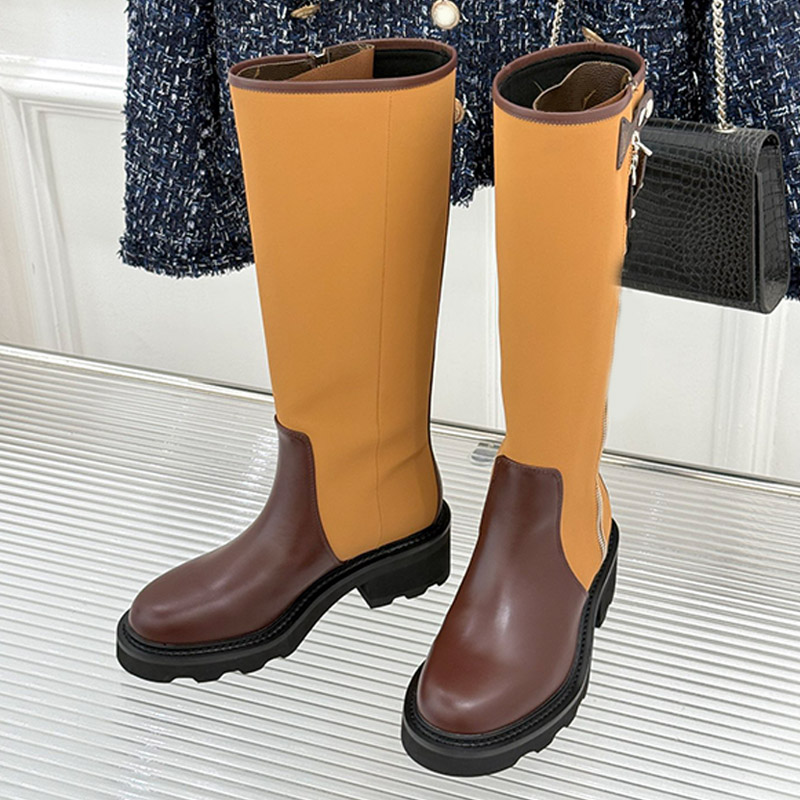 Luxury Ladies Beaubourg High Boots Coated Canva Smooth Calf Leather Combine Twoway Zipper Ladies Color Blocked Knee High Knight Boots