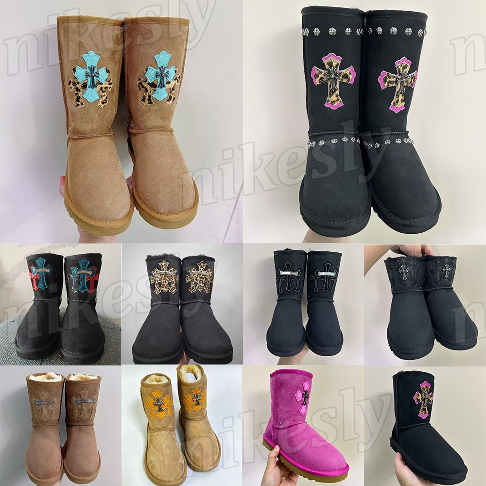 Women Snow Boots Unisex Punk Cross Embroidered Mid Calf Winter Boots Suede Upper Plush Fleece Lined Chrome Boots Warm Pull On Black Chestnut Hot Pin
