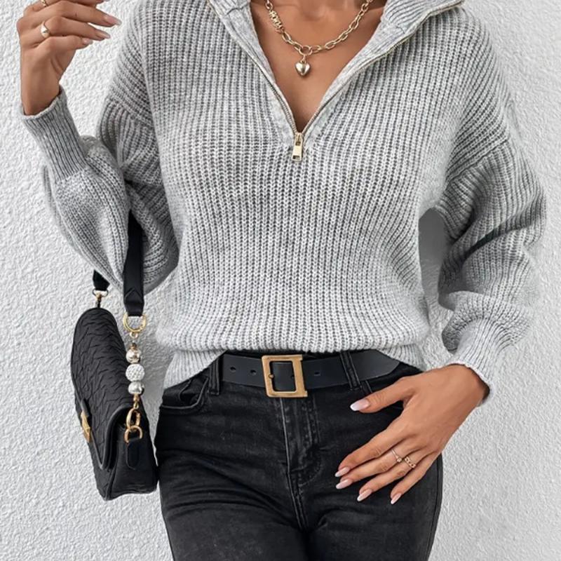 Designer Women's Solid Color Knit Polo Sweater Zip Up Long Sleeve Loose Casual Pullover Top for Fall Winter 2025 Daily Wear