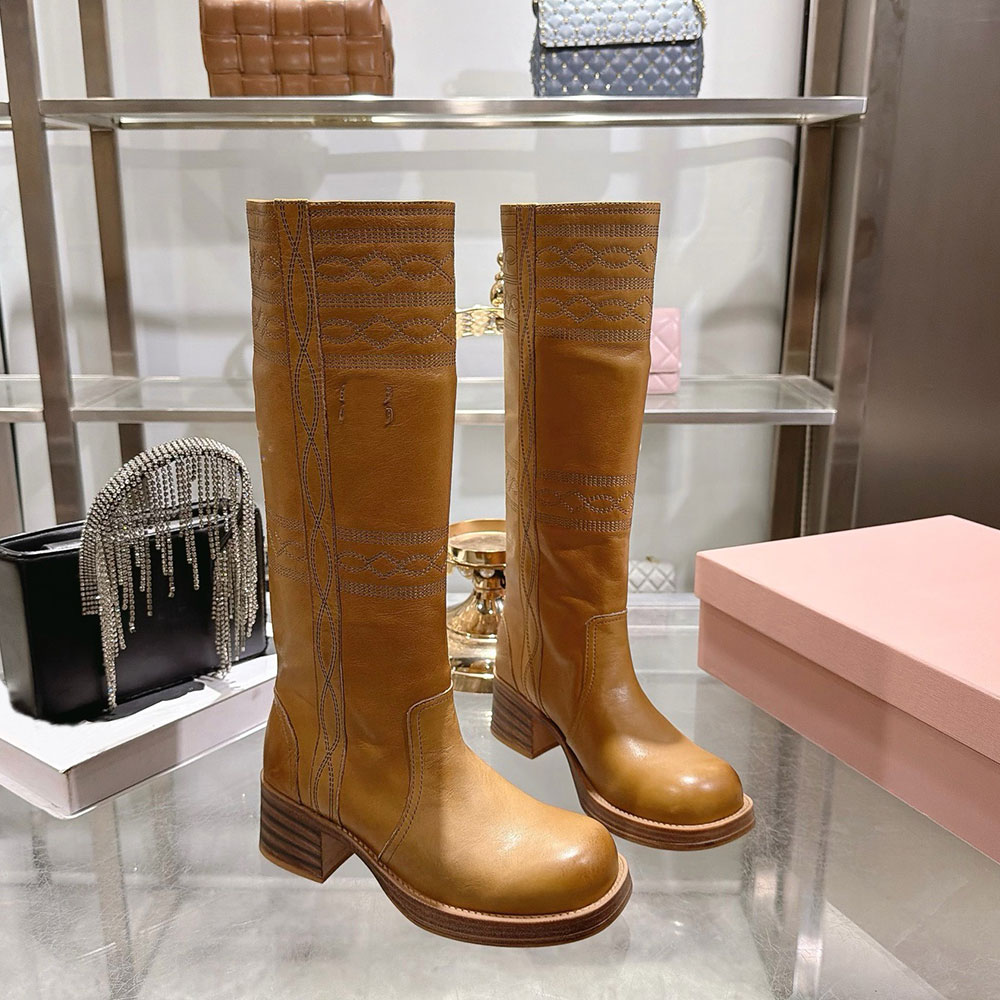 Embroidered Leather Boots Womens Designer Knee High Boot 5W765E Upper With Ornamental Stitching Knee Boot Vintage Effect Autumn Winter Boot Height 5