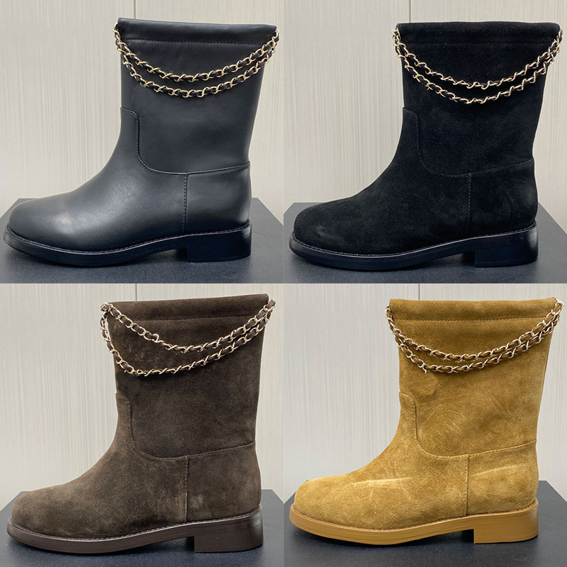 boot woman designer low heel chain matte leather round toe luxury comfortable black brown yellow beige khaki work office city vintage casual modern
