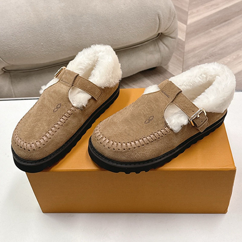 slipper woman designer matte sheepskin wool buckle strap round toe wide thick sole home luxury comfortable beige khaki brown gold cozy retro casual