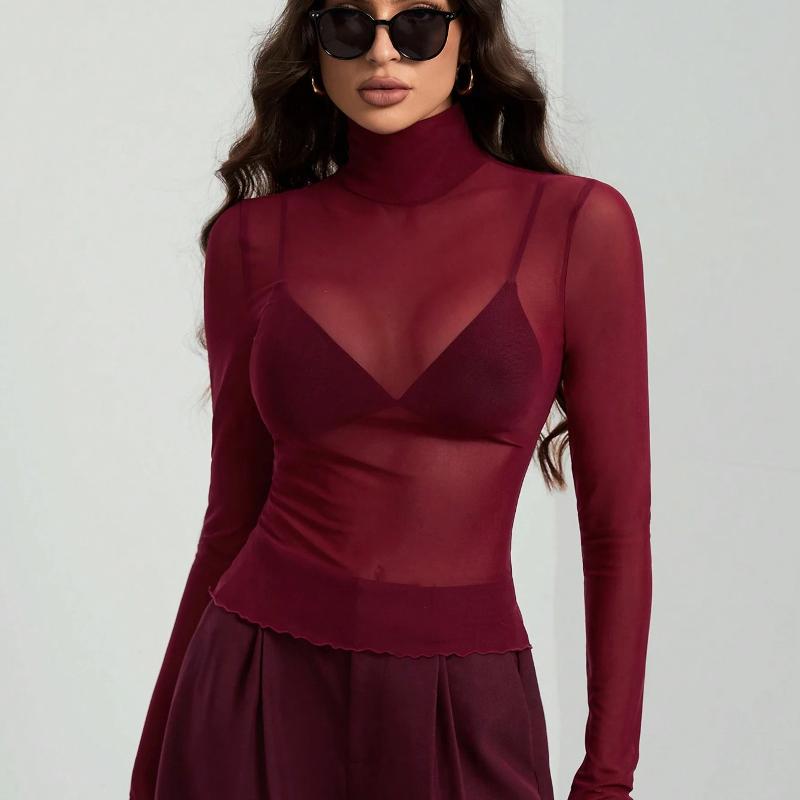 Designer Women's Solid Color Mesh Slim Fit Long Sleeve Mock Neck Blouse Elegant Commute Office Top Autumn Winter