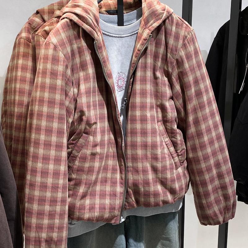 Veste matelassée à capuche en coton à carreaux pour hommes, coupe ample, chaude et décontractée, manteau rembourré avec fermeture éclair, vêtemen