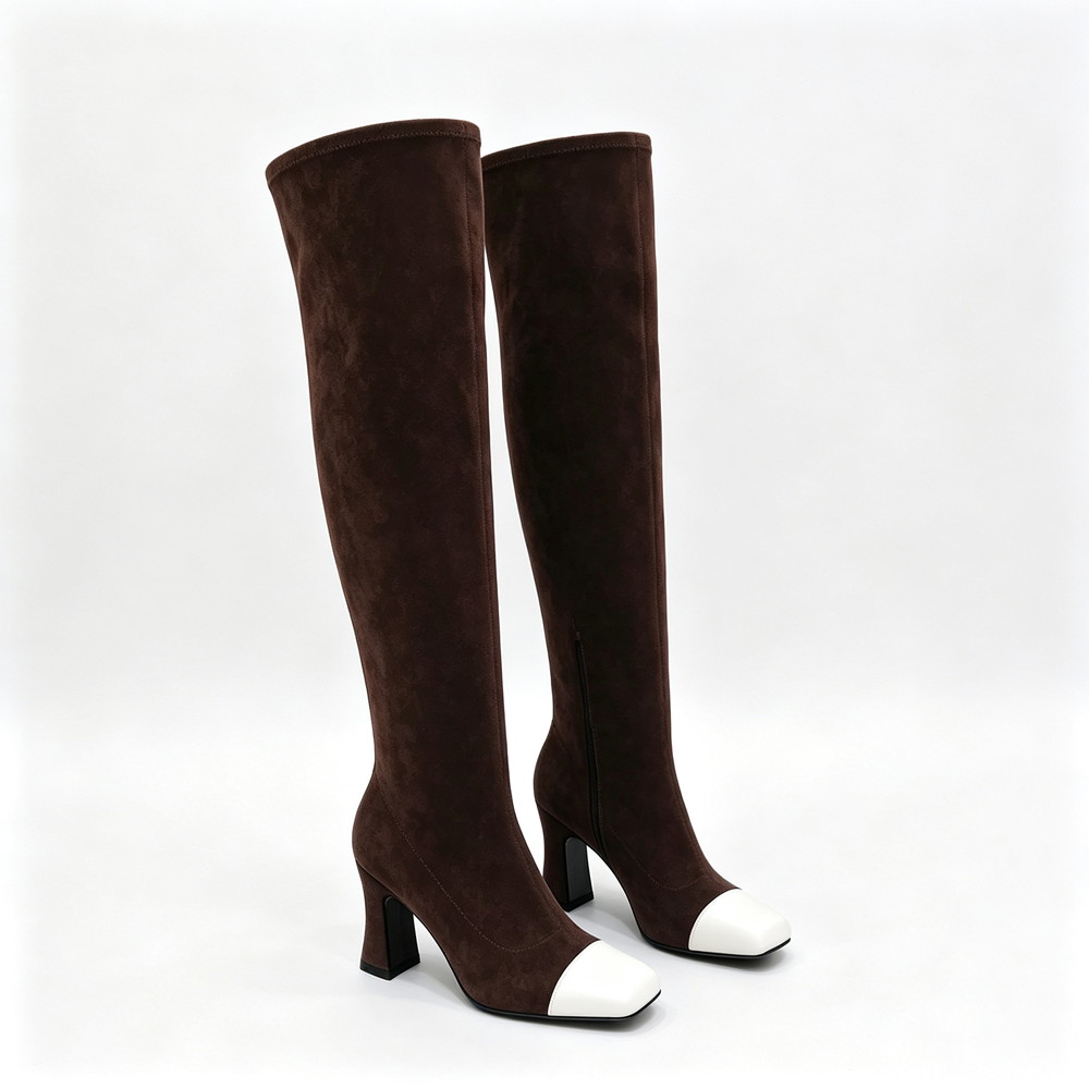 new model Women Two Tone Knee High Boots Square Toe 8.5cm Chunky Heel Suede Elastic Knee Boots side Zip Luxury designer Autumn Winter Fashion Long B
