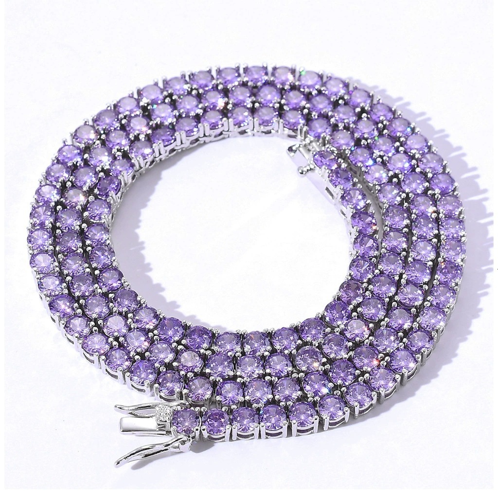 4MM Iced Out Purple Round VVS Moissanite Tennis Chain, 925 Sterling Silver Tennis Necklace for Men Women, Hip Hop Fine Jewelry Wedding Party Gift