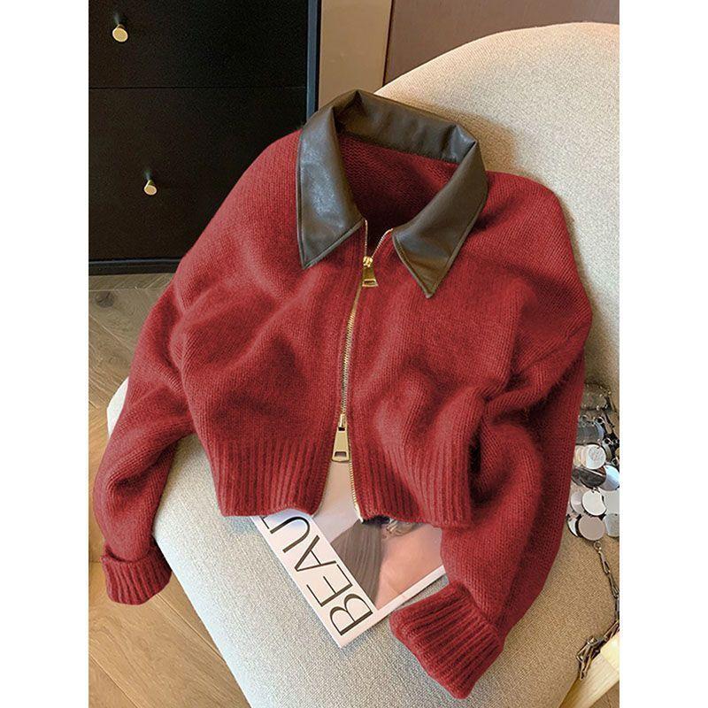Designer Best-seller Femmes Zip Up Knit Cardigan Pull Veste Couleur Bloc Revers Col À Manches Longues Décontracté Automne Hiver Vêtements De Surv