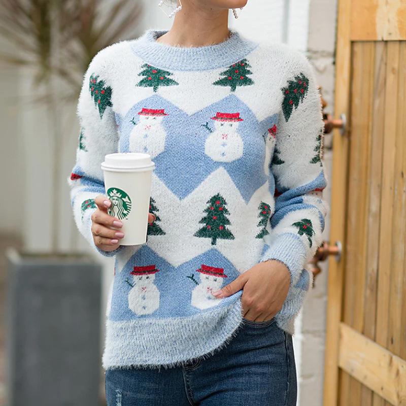 Designer Femmes Noël Bonhomme de neige Pull Col rond à manches longues Lâche Casual Pull Top en tricot Hiver 2026 Faux Vison Rouge Rose Bleu Viol