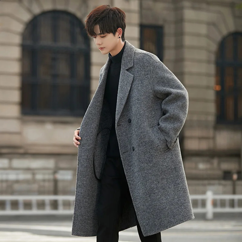 2025 Fall Winter Double Faced Wool Overcoat Men Loose Collar High End Outerwear Mid Long Length Fashion Coat Blend Mens 260929