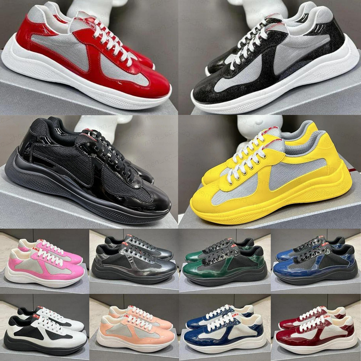 Designer Americas Cup Mens Running Shoes P shoes Cup Runner Trainers Men Leather Sneakers Leather Flat Trainers Black White Red Mesh Lace-up Casu